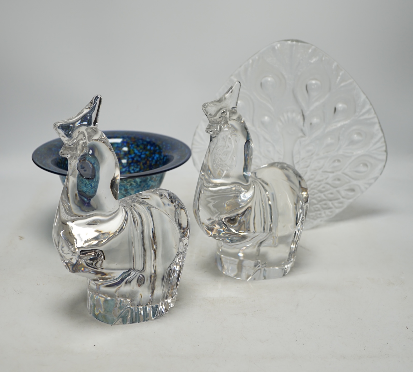 A pair of Orrefors glass cockerels, a peacock and an Isle of Wight bowl, largest 24cm high. Condition - good